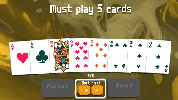 Balatro tips illustrated with a deck of cards showing the message “must play 5 cards.”