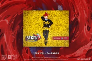 Promotional image for the Balatro Calendar 2026 by Fangamer, featuring actor Ben Starr as Jimbo surrounded by a sea of bananas—a cheeky nod to the game’s Joker cards and chaotic energy. All profits from the balatro calendar support Extra Life and SpecialEffect.