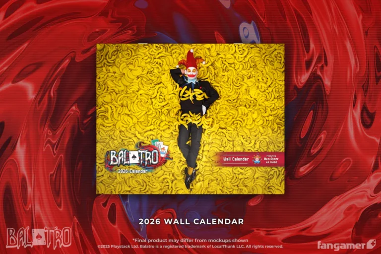 Promotional image for the Balatro Calendar 2026 by Fangamer, featuring actor Ben Starr as Jimbo surrounded by a sea of bananas—a cheeky nod to the game’s Joker cards and chaotic energy. All profits from the balatro calendar support Extra Life and SpecialEffect.